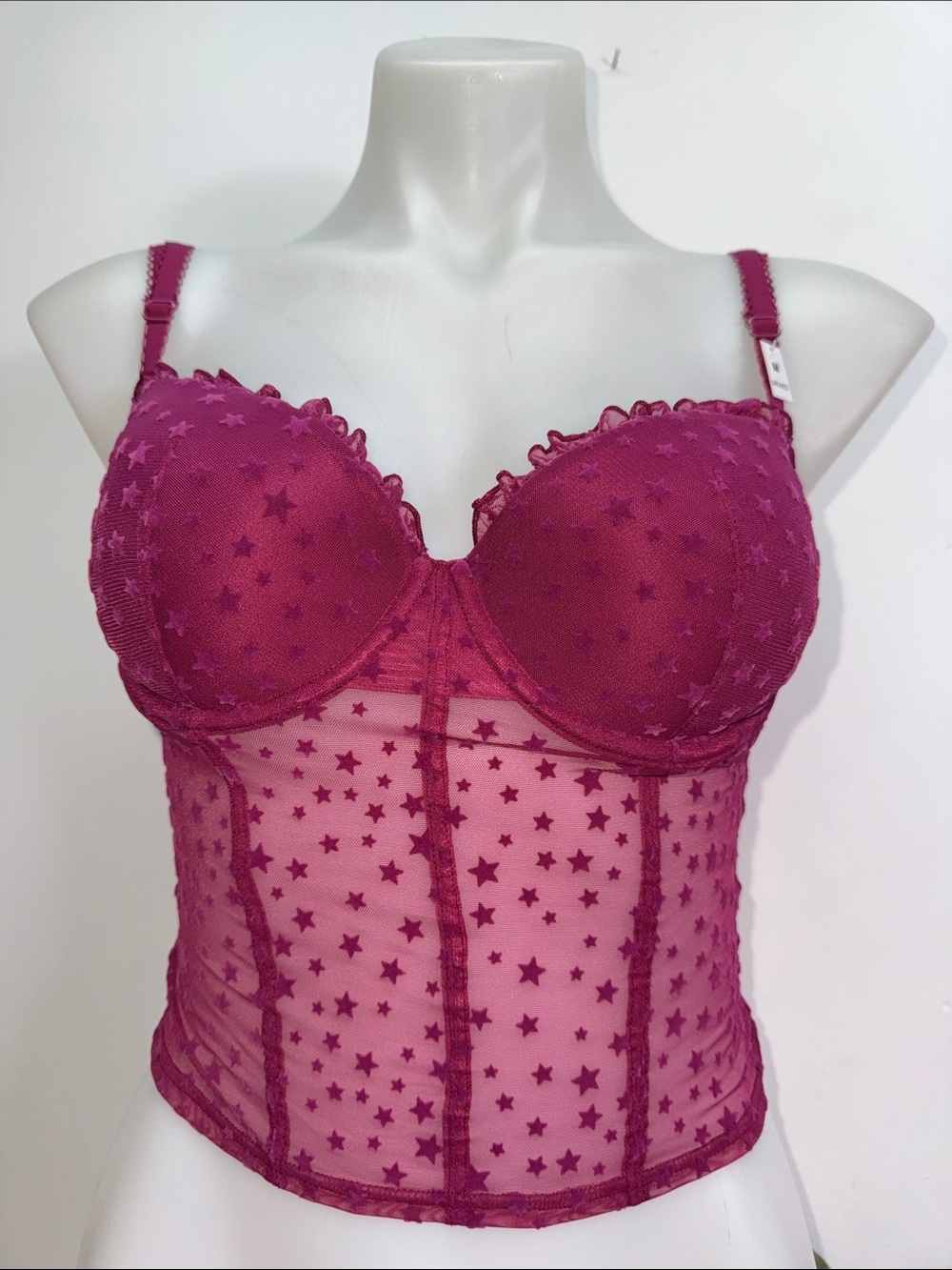 PINK Victoria's Secret Fuchsia Star Mesh Longline Bustier Bra Sz M NWT